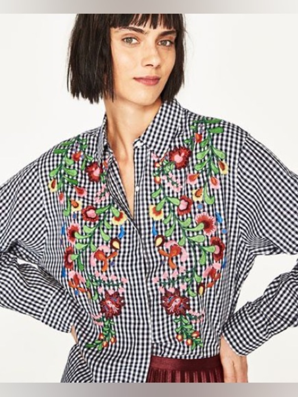 Philosophy Black Gingham Embroidered Shirt Dress with Floral Accents Size Large